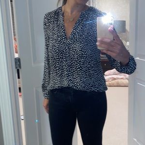 Like new Joie silk blouse. Black with white small hearts fun, neutral pattern.